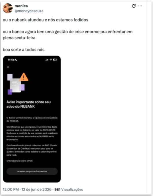 Nubank se manifesta após mensagem sobre liquidação extrajudicial preocupar clientes