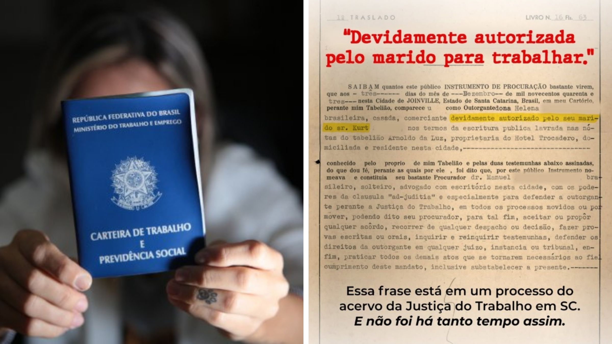 O passado recente: documento de SC revela exigência de aval do marido para mulheres trabalharem